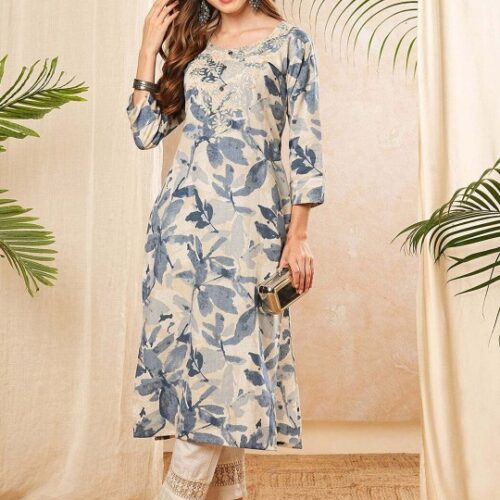 PHYSIL Floral Printed Round Neck Thread Work Straight Cotton Kurta
